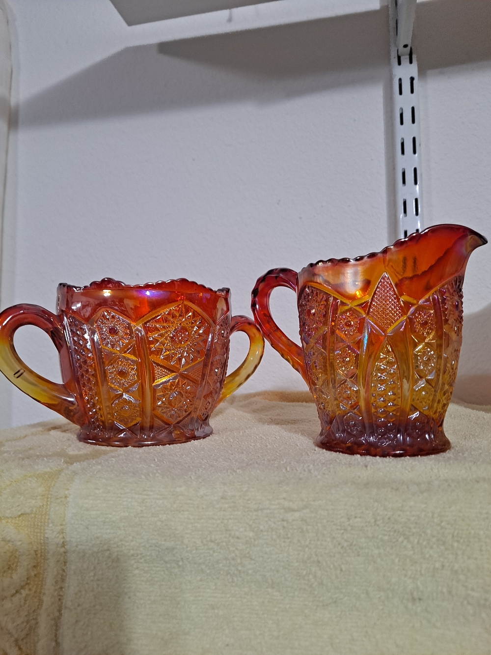 Iridescent Carnival Glass Creamer and Sugar Set